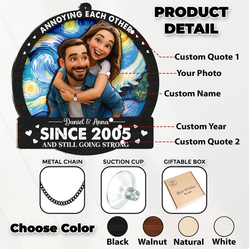 May include: A personalized wooden plaque featuring a couple's photo within a starry night design. The plaque includes the text "Annoying each other" and "Since 2005 and still going strong." Available in black, walnut, natural, and white.
