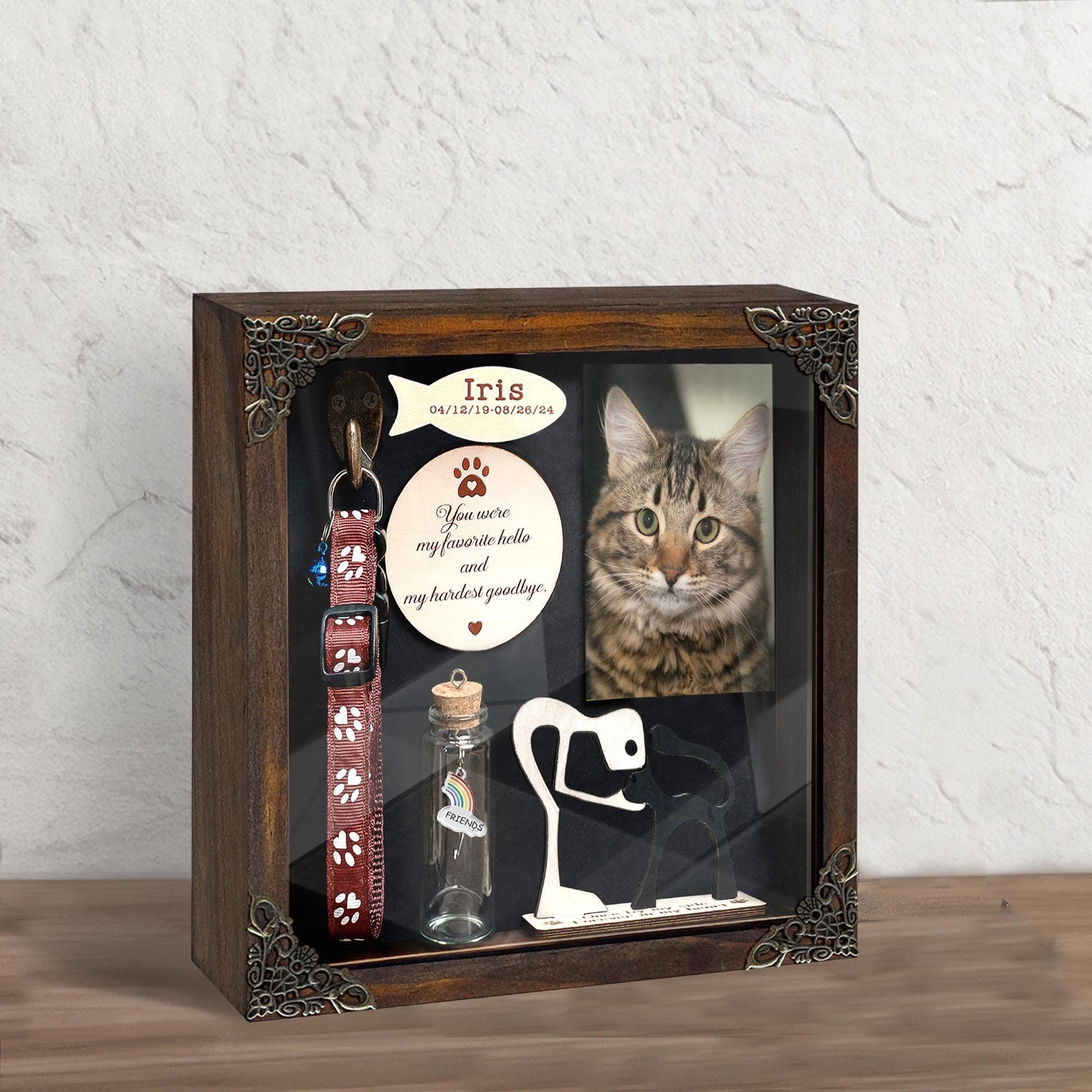 Cat Memory Photo Frame Cat Memorial Shadow Box, Cat Hair Fur Jar Pet Lover Gift With Collar ...