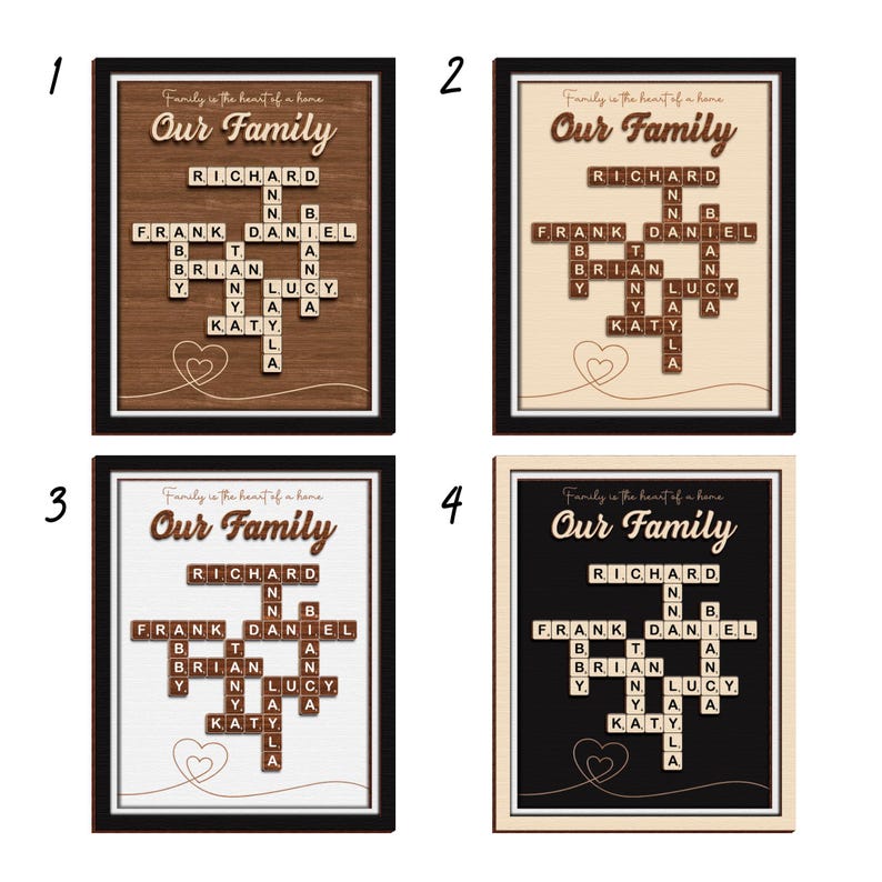 May include: Four framed prints with a wood-like background featuring a scrabble tile word art design that says "Our Family" with the names Richard, Frank, Daniel, Brian, Lucy, and Katy spelled out in the tiles.