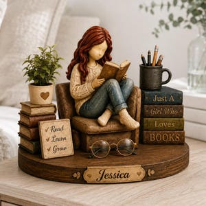 May include: A figurine of a person with long auburn hair sitting in a chair reading a book. The base features the name Jessica, a stack of books with the text Just A Girl Who Loves BOOKS, a potted plant, a mug with pencils, and a sign reading Read Learn Grow.