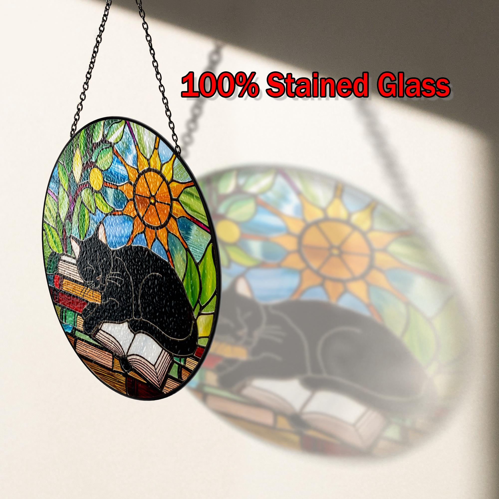 Black Cat on Book Stained Glass Suncatcher Window Hanging Custom ...