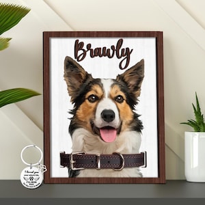 以下が含まれることがあります： 茶色、黒、白の毛並みを持つ犬「Brawly」の額入り肖像画。茶色の革の首輪を着用。肉球のチャームと「I loved you your whole life, I'll miss you for the rest of mine.」の文字が入ったシルバーのキーホルダー。