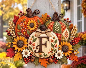 Personlig höstpumpadörrhängare, anpassad pumpadörrskylt med monogram, höstdekoration till ytterdörren, Thanksgiving-present till verandan