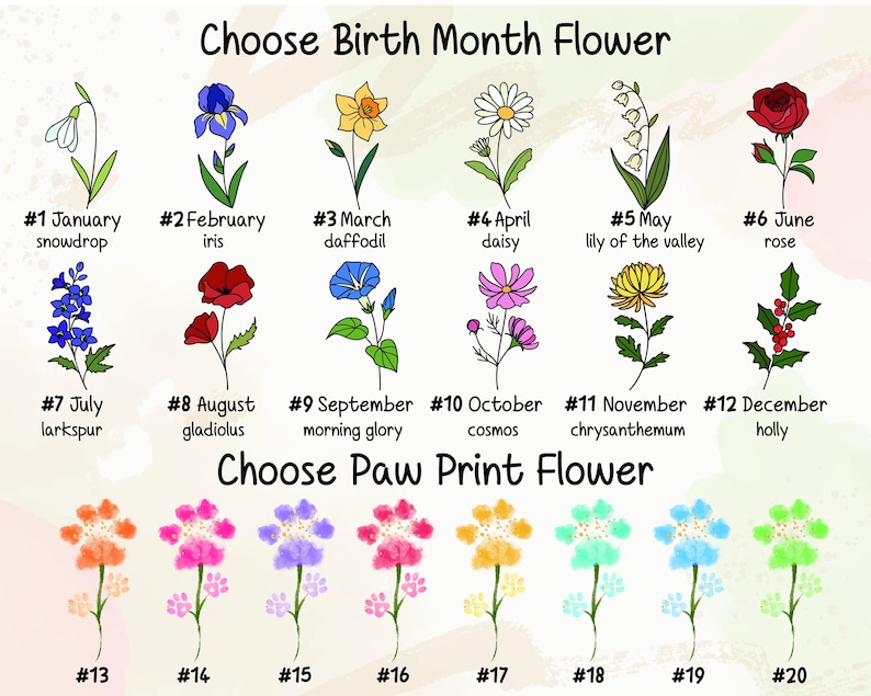 May include: A chart with illustrations of flowers representing each month of the year. The chart is titled "Choose Birth Month Flower". Below the chart is another chart with illustrations of paw print flowers titled "Choose Paw Print Flower".