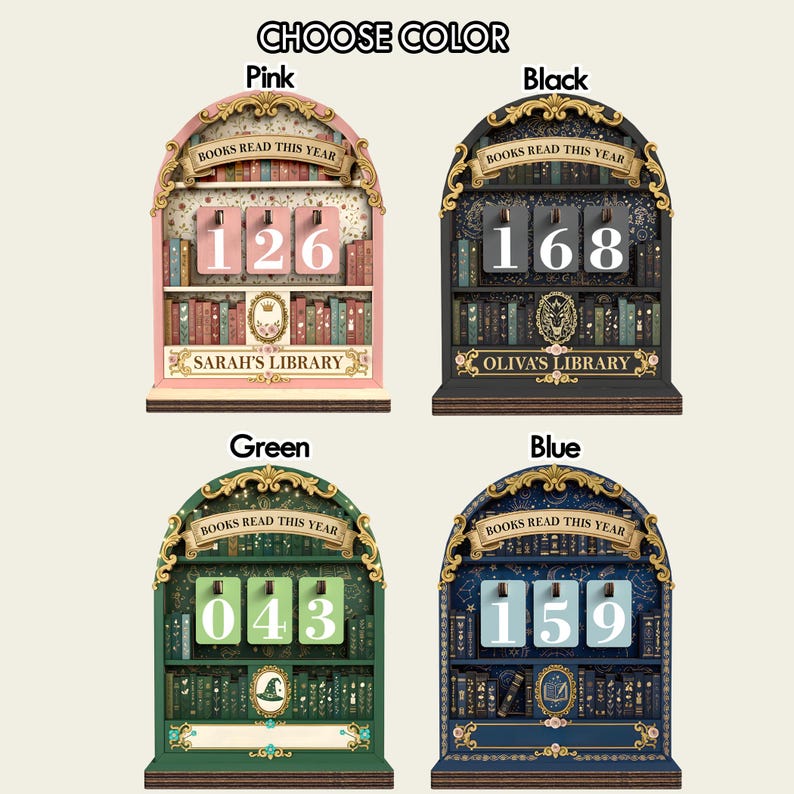 May include: A wooden bookshelf-shaped book counter in pink, black, green, and blue. Each counter displays a three-digit number, with the text "BOOKS READ THIS YEAR" above. The pink counter reads 126, the black reads 168, the green reads 043, and the blue reads 159.