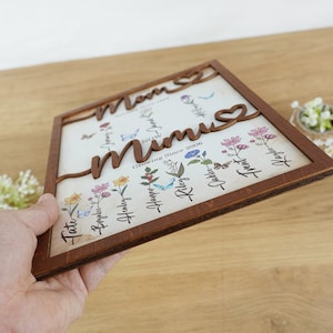 May include: Wooden sign with the words "Mom" and "Mum" in a floral design. The sign features a heart and the text "Growing Since 2000".