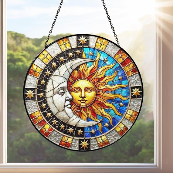 Vitrail Artisanal Attrape-soleil Rond - Thème Soleil - Décoration Murale