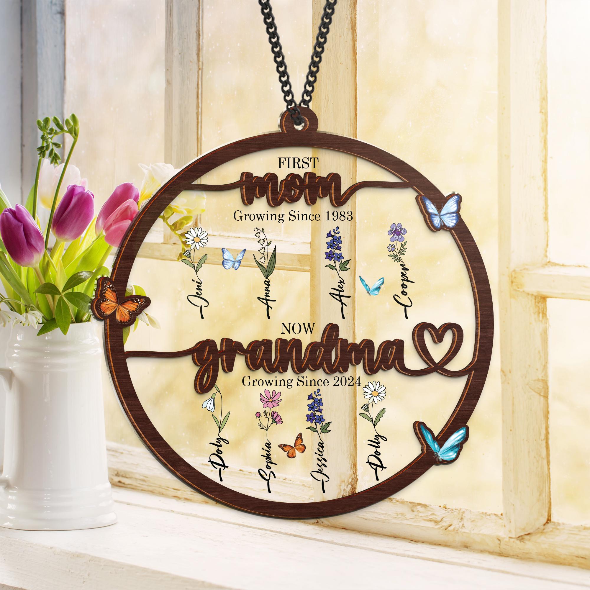 ✨BUY 2 FREE SHIPPING✨ Grandma Garden Suncatcher First Mom Now Grandma Personalized Birth Flower Stained Glass Window Hanging Suncatcher Mothers Day Gift For Mom