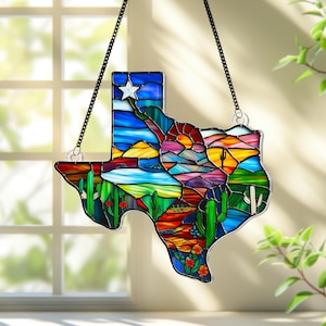 Acchiappasole in acrilico con mappa del Texas, da appendere alla finestra, decorazione per la casa con tordo beffeggiatore e lupino, decorazione del Texas, regalo del Texas, regalo per gli amanti dei souvenir