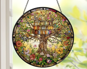Flowers Book Stained Glass Suncatcher, Library Books Window Hanging, Book Lover Gift, Bookish Home Decoration, Library Tree Book Ornament