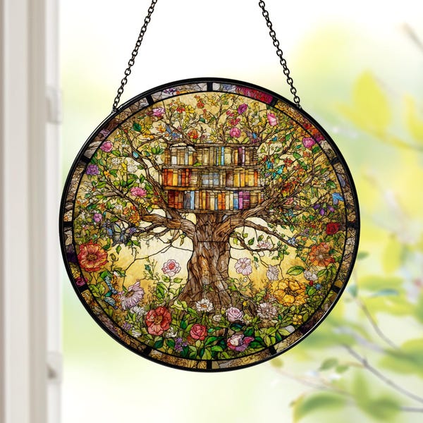 Flowers Book Stained Glass Suncatcher, Library Books Window Hanging, Book Lover Gift, Bookish Home Decoration, Library Tree Book Ornament