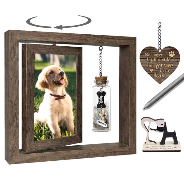 Porta-retratos giratório para fotos de animais de estimação com pote para pelos, ideal para homenagear a perda de um animal de estimação, lembrança para cães, presente para amantes de animais, homenagem a gatos, demonstração de condolências por animais de estimação.