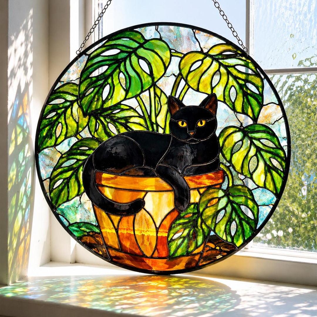 Black Cat Monstera Pot Stained Glass Suncatcher, Botanical Cat Glass ...
