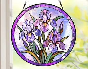Iris Stained Glass Suncatcher, Purple Irises Suncatcher, Iris February Birth Month Flower Window Hanging Flower Lovers Gift, Iris Suncatcher