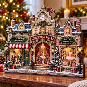 以下が含まれることがあります： くるみ割り人形のおもちゃ屋、バレリーナがいる中央のクリスマスバレエ劇場、バレエブティックを備えた詳細なクリスマスビレッジのディスプレイ。リース、ガーランド、雪、温かみのある室内照明で装飾されています。