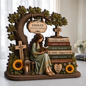 May include: A decorative figurine featuring a person reading a book under a tree. A hanging sign reads EMMA'S PRAYER CORNER. A stack of books includes titles FAITHFUL, CHOSEN, LOVED, STRONG, GUIDED, and BLESSED. Includes crosses, sunflowers, and a lantern.