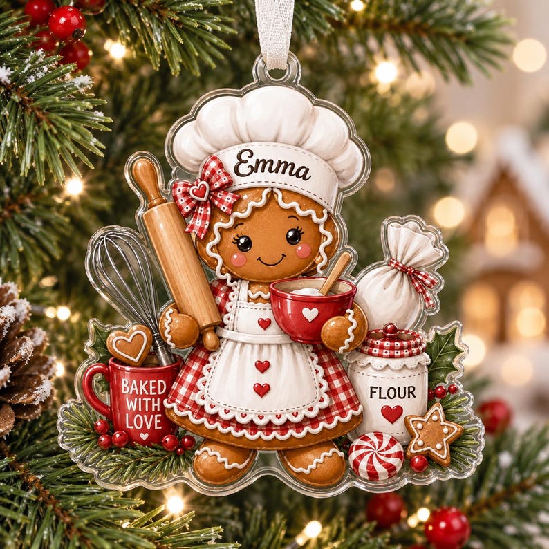 May include: A clear acrylic Christmas ornament featuring a gingerbread person wearing a chef hat with the name Emma, a red and white gingham apron, holding a rolling pin and a red bowl, with a red mug labeled Baked With Love and a flour jar.