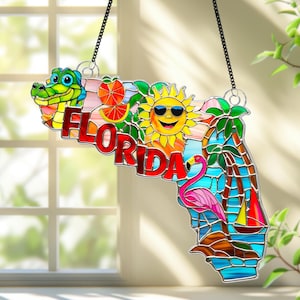 Acchiappasole in acrilico con mappa floreale da appendere alla finestra, decorazione per la casa Sunshine State, acchiappasole tropicale da appendere alla finestra con fiamme, regalo per gli amanti dei souvenir