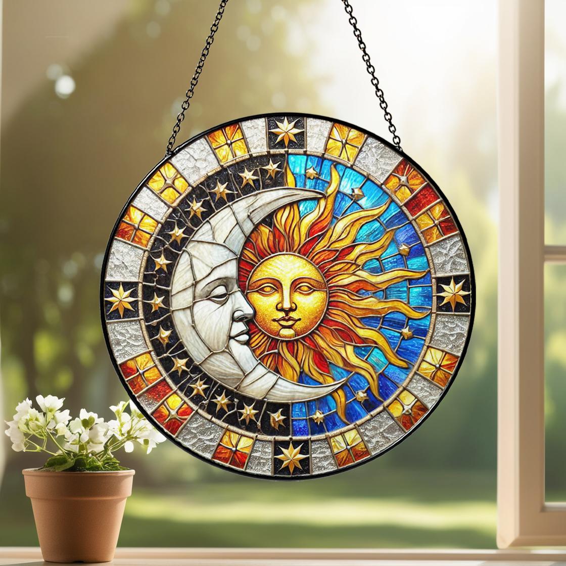Acchiappasole in vetro con design sole e luna, diametro 150 mm, con catena per appenderlo, colore e decorazione per finestre, perfetto per verande, salotti, giardino