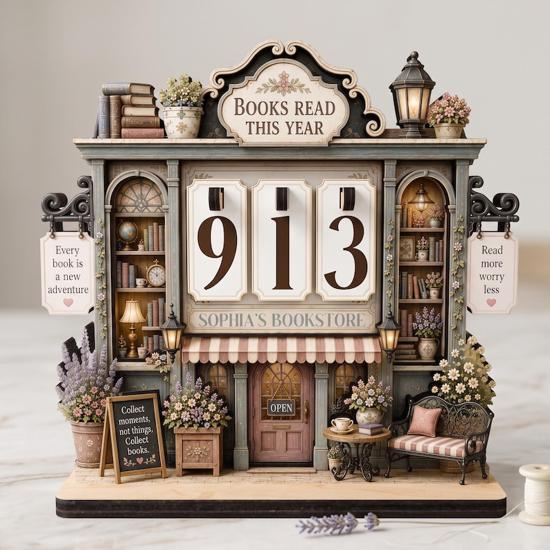 May include: A decorative tabletop display shaped like a bookstore with the text BOOKS READ THIS YEAR, SOPHIA'S BOOKSTORE, and signs reading Every book is a new adventure, Read more worry less, and Collect moments, not things, Collect books. It shows 913.