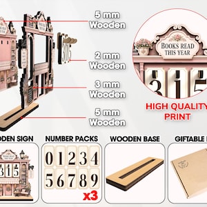 May include: A wooden book tracker sign featuring a pink storefront design with the text "BOOKS READ THIS YEAR". The set includes a 5 mm wooden base, 2 mm wooden number packs, and 3 mm wooden components. It comes in a giftable box with high quality print.