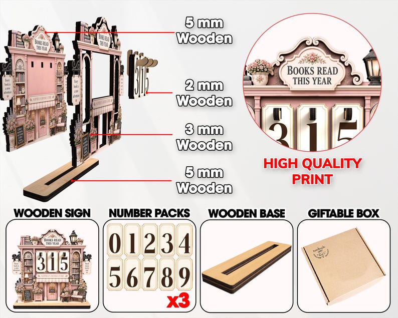 May include: A wooden book tracker sign featuring a pink storefront design with the text "BOOKS READ THIS YEAR". The set includes a 5 mm wooden base, 2 mm wooden number packs, and 3 mm wooden components. It comes in a giftable box with high quality print.