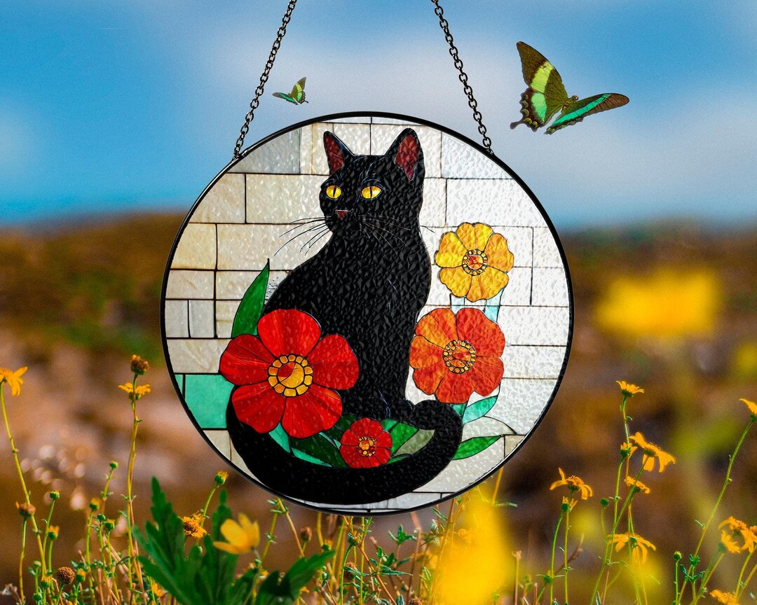 Black Cat Stained Suncatcher Window Hanging Spooky Cat Tabby Cat Glass ...