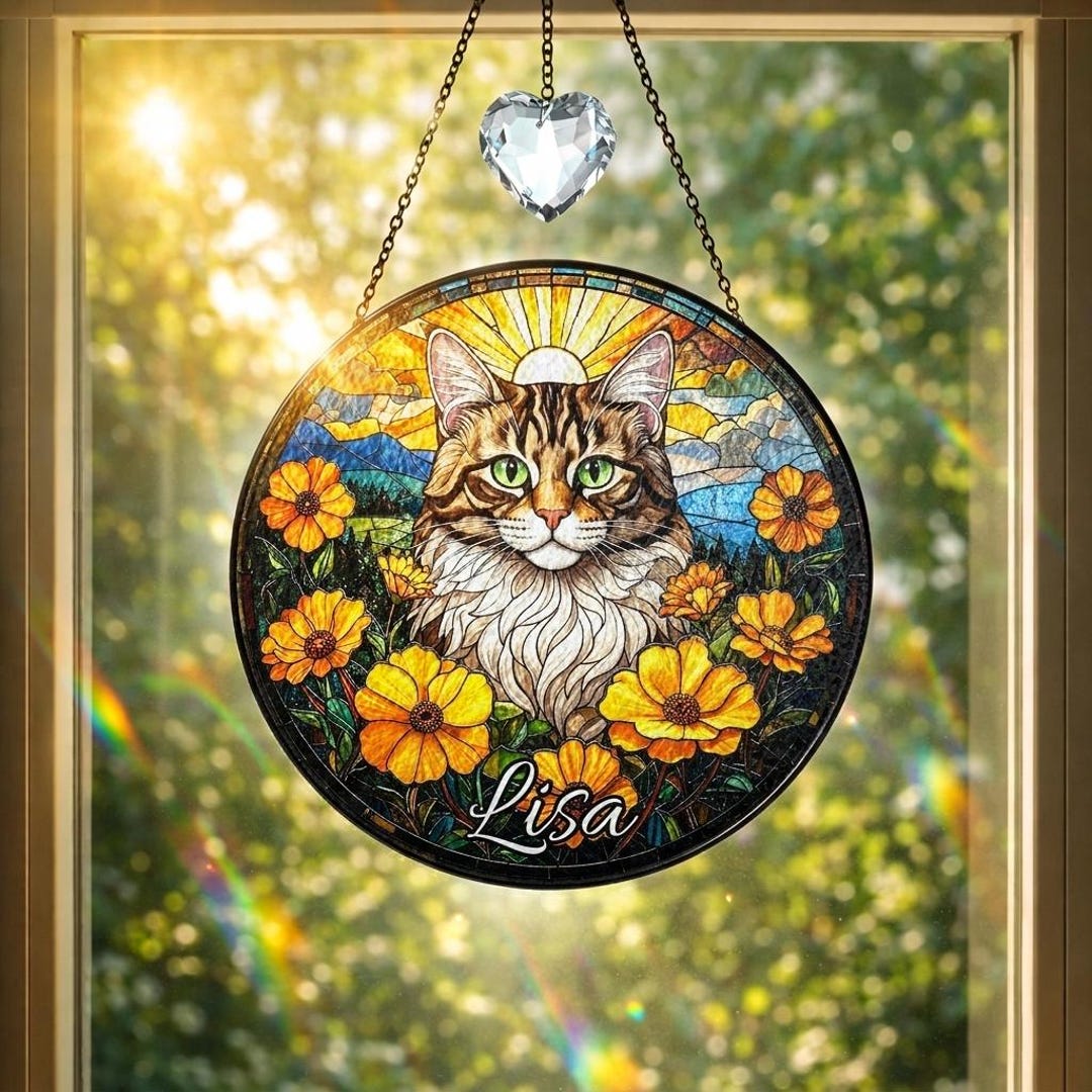 Personalized Cat Portrait Stained Glass Suncatcher, Custom Pet Memorial ...