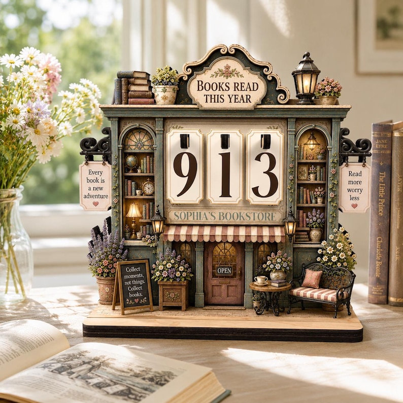 May include: A decorative tabletop bookstore display featuring a flip-style counter displaying the number 913. The structure includes miniature bookshelves, a central door with an open sign, floral accents, and signs reading Books Read This Year, Sophia's Bookstore, Every book is a new adventure, Read more worry less, and Collect moments, not things. Collect books.