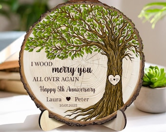 Personalisiertes hölzernes Jahrestagszeichen, ich hölzernes frohes Sie Plaque, kundenspezifisches Paar-Namensdatumsgeschenk, 5. Jahrestagsgeschenk für Ehemann-Frau
