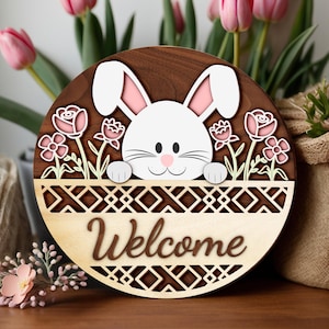 Happy Easter Decor Wooden Sign, Easter Bunny Door Hanger, Easter Bunny Welcom Sign, Spring Door Hanger, Easter Floral Decor, Easter Decor,
