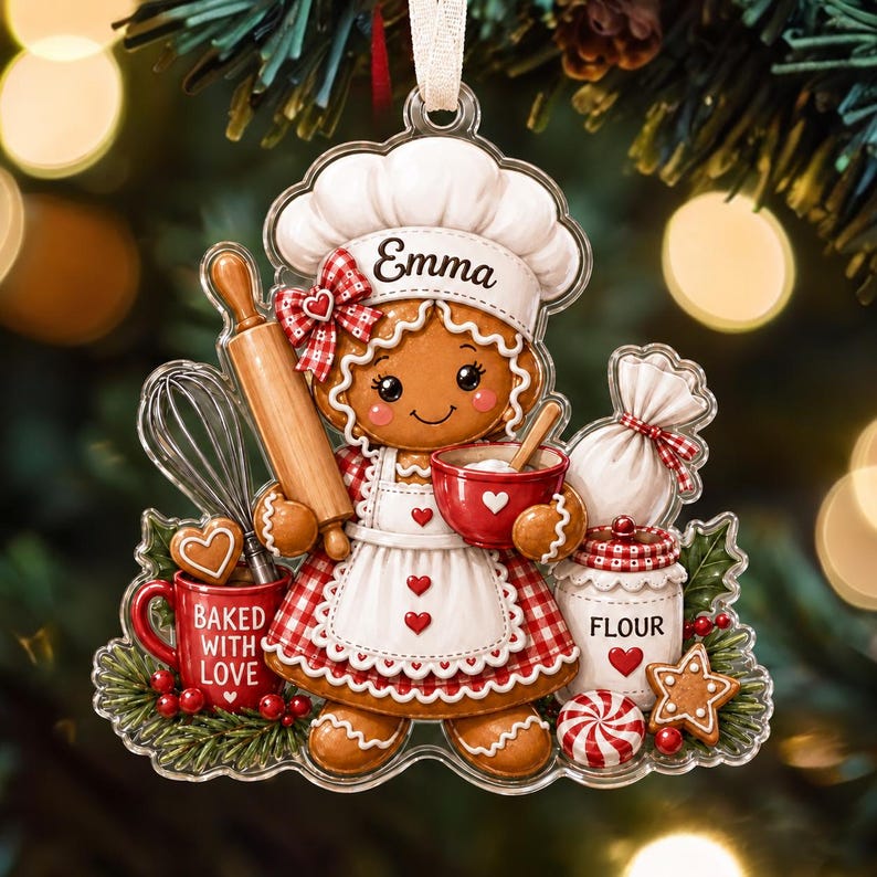 May include: A gingerbread person Christmas ornament wearing a chef hat with the name Emma, holding a rolling pin and a red bowl. The design includes a red mug labeled Baked With Love, a flour jar, a whisk, and red and white heart accents.