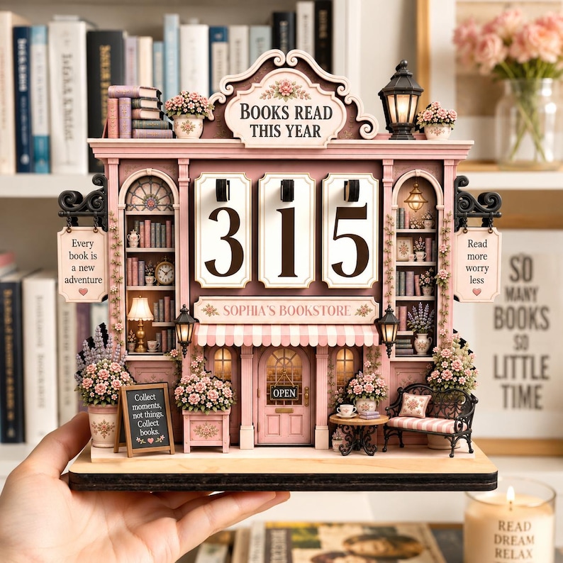 May include: A pink miniature bookstore display featuring the text BOOKS READ THIS YEAR, SOPHIA'S BOOKSTORE, and signs reading Every book is a new adventure, Read more worry less, and Collect moments, not things. Collect books. It shows the number 315.
