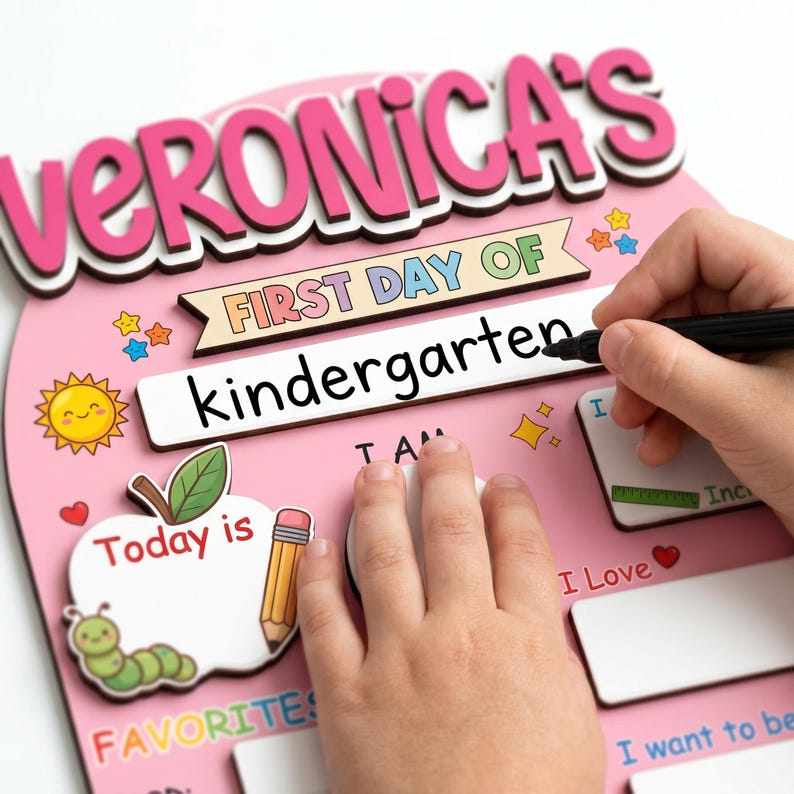 May include: Pink wooden sign with the text "VERONICA'S FIRST DAY OF kindergarten". The sign has decorative elements including a sun, stars, an apple, a pencil, and a caterpillar. A hand is writing on the sign with a black marker.