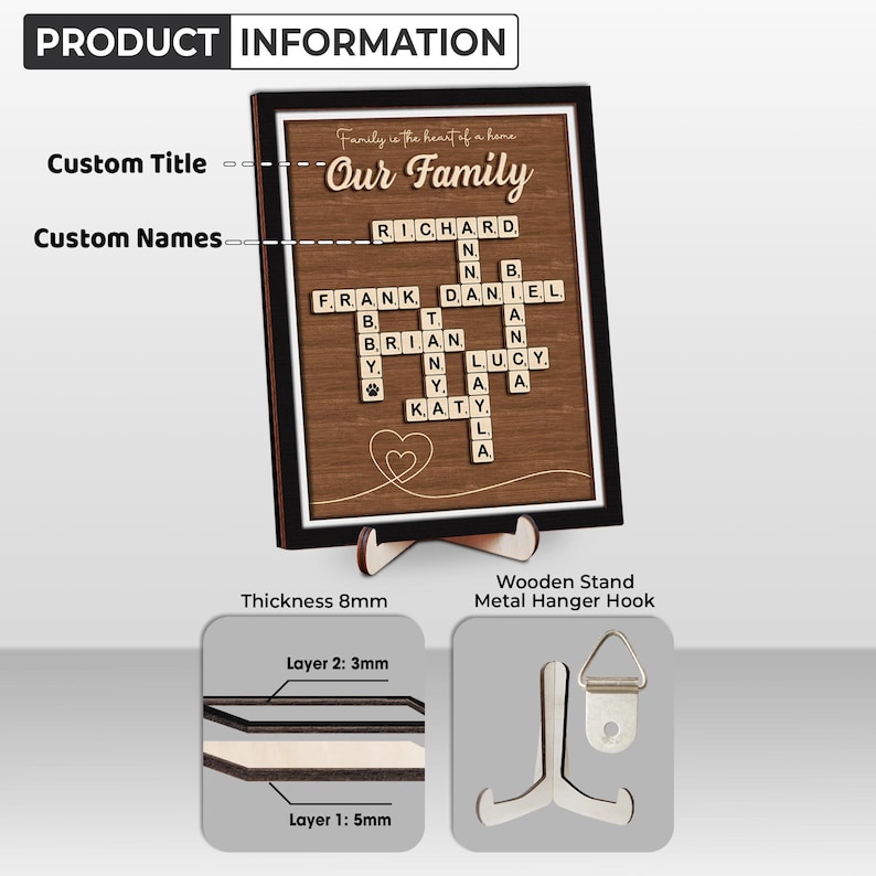 May include: A wooden sign with a brown background and a black frame. The sign features a scrabble tile crossword puzzle with the words "Our Family" at the top. The sign is 8mm thick and has a wooden stand and a metal hanger hook.
