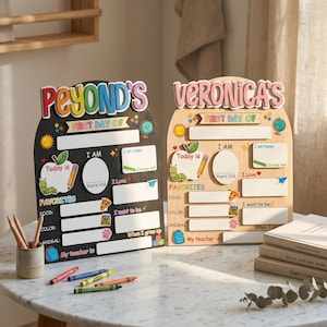 May include: Two wooden First Day of School boards, one black and one natural wood. Each board has space to write "Today is," "I am," "Favorites," and "My teacher is." The boards are decorated with colorful accents.