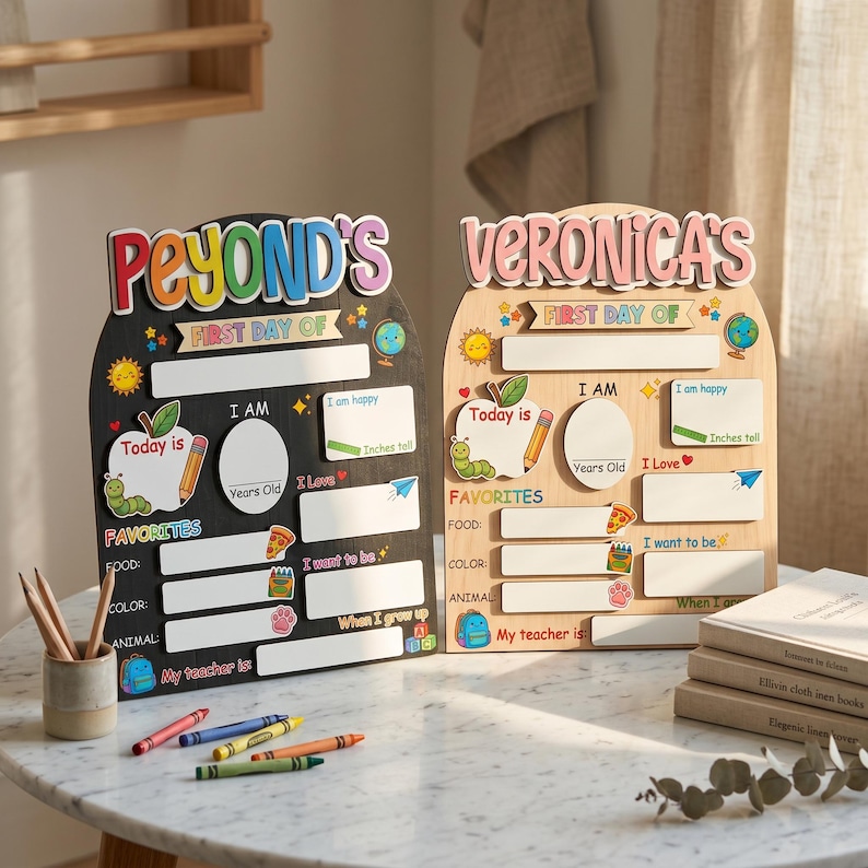May include: Two wooden First Day of School boards, one black and one natural wood. Each board has space to write "Today is," "I am," "Favorites," and "My teacher is." The boards are decorated with colorful accents.
