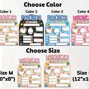 May include: Wooden first day of school sign with customizable text. Available in multiple colors, including pink, blue, black, and beige. Sizes available are 10"x8" and 12"x10". Features sections for favorites, age, and teacher's name.