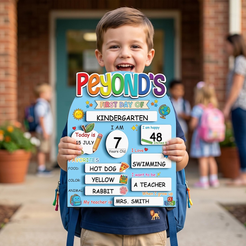 May include: A blue and white first day of kindergarten sign held by a child. The sign includes the text "Beyond's", "First Day of Kindergarten", "I am 7 Years Old", "I am happy 48 inches", and "My teacher is Mrs. Smith". The sign also lists favorite food, color, and animal.
