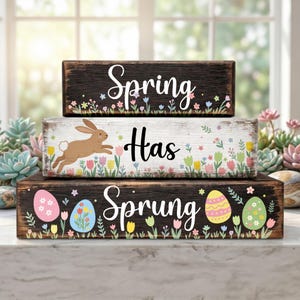 May include: Three stacked wooden blocks with the words "Spring Has Sprung" in white script. The blocks are decorated with Easter eggs, flowers, and a bunny. The top and bottom blocks are dark brown, and the middle block is white.