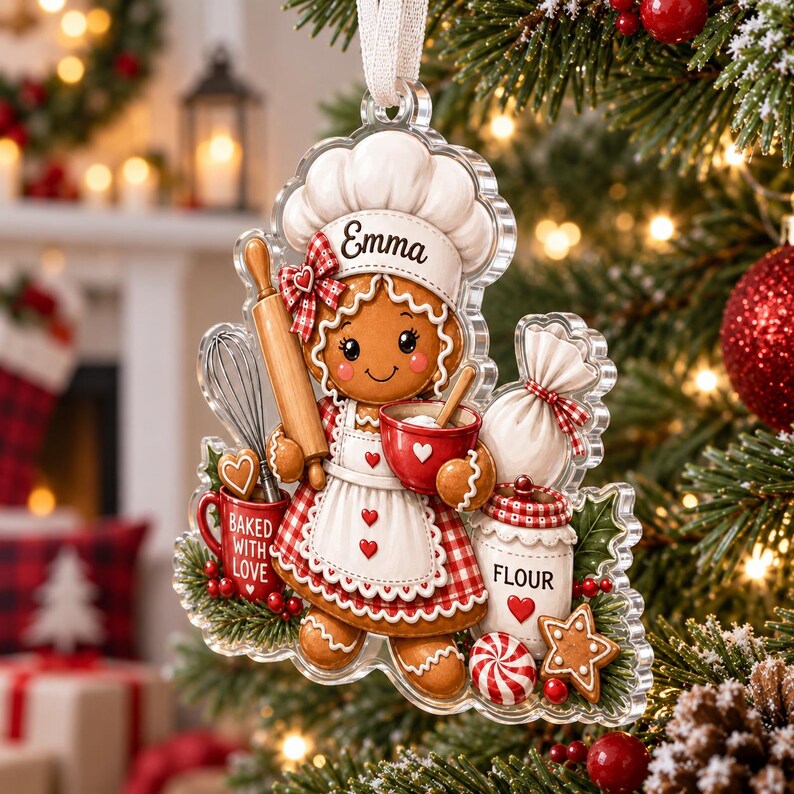 May include: A clear acrylic Christmas ornament featuring a gingerbread person wearing a chef hat labeled Emma, holding a rolling pin and a red bowl. The design includes a whisk, a red mug labeled Baked With Love, a flour jar, and a peppermint candy.