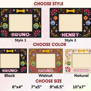 May include: A selection of decorative wooden picture frames with floral and paw print designs. The frames are available in various colors, sizes, and styles, with the names "BRUNO" and "HENRY" displayed. Sizes include 6"x4", 7"x5", 9"x6.5", and 10"x7".