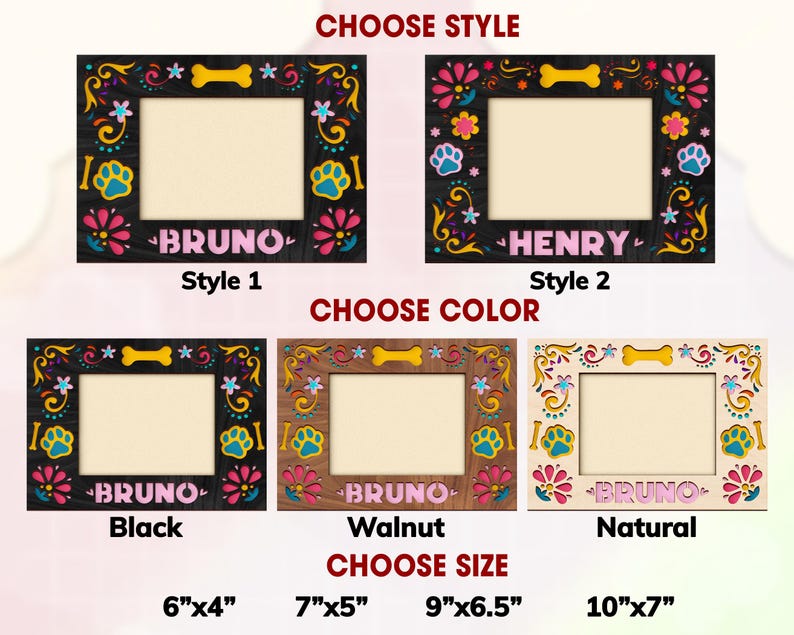 May include: A selection of decorative wooden picture frames with floral and paw print designs. The frames are available in various colors, sizes, and styles, with the names "BRUNO" and "HENRY" displayed. Sizes include 6"x4", 7"x5", 9"x6.5", and 10"x7".