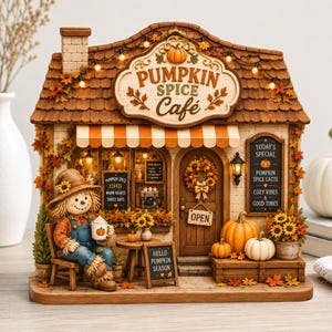 Peut inclure: Une miniature de café Pumpkin Spice avec un épouvantail assis sur une chaise tenant une tasse. La structure présente un toit marron avec des guirlandes lumineuses, une enseigne Pumpkin Spice Café, une porte ouverte et des décorations automnales.