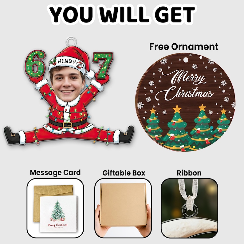 May include: A Christmas ornament featuring a person's face in a Santa suit with the numbers 6 and 7. A round wooden ornament with "Merry Christmas" text and Christmas trees. Includes a message card, gift box, and ribbon.