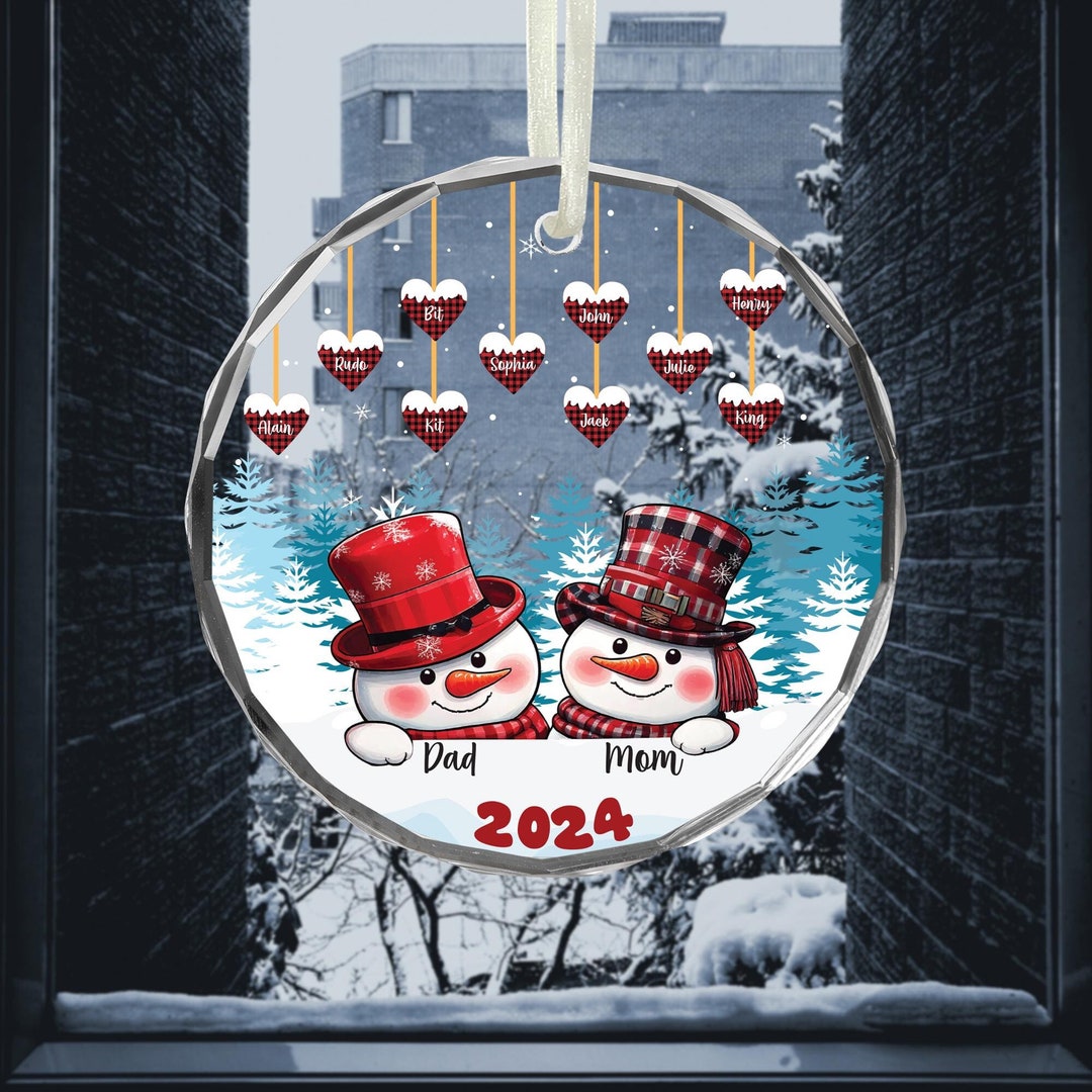 Mom Dad Snowman Christmas Grandparents, Custom Circle Glass Ornament ...