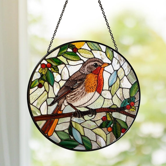 ロビンバードステンドグラスサンキャッチャー、ミシガンバードフラワー