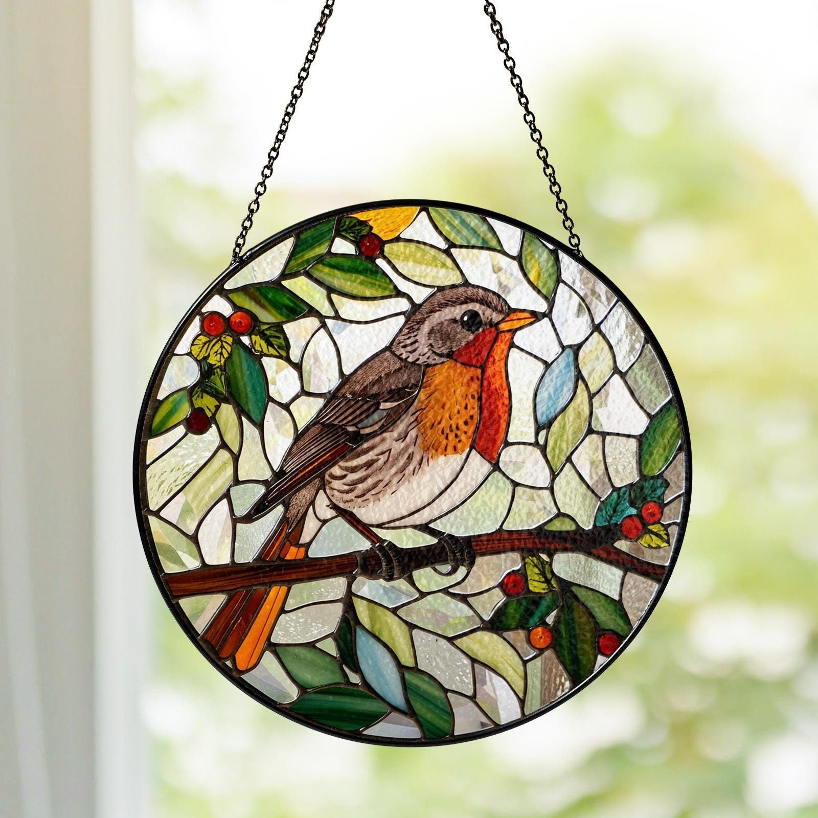 Robin Bird Stained Glass Suncatcher, Michigan Bird Flower Natural Art, Anniversary Gift Birthday Gift For Mom Grandma Gardening Lover Gift