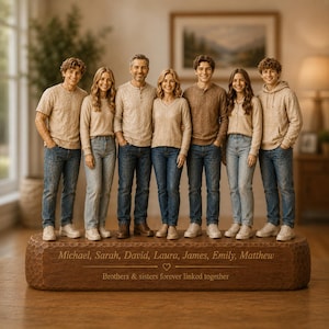 Op de afbeelding: Een houten voetstuk met zeven staande figuren in beige tops en blauwe jeans. Het voetstuk is gegraveerd met de namen Michael, Sarah, David, Laura, James, Emily, Matthew en de tekst Brothers & sisters forever linked together met een hartje.