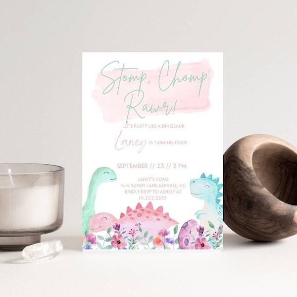 Girl Dinosaur Birthday Invitation Editable Dinosaur Birthday Invite Dino Girl Party Stomp Chomp Roar Rawr Downloadable Instant Download